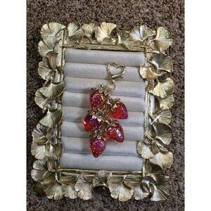 Strawberry Cluster Key Chain with Heart Accent Red Gold Metal Acrylic Cute Style